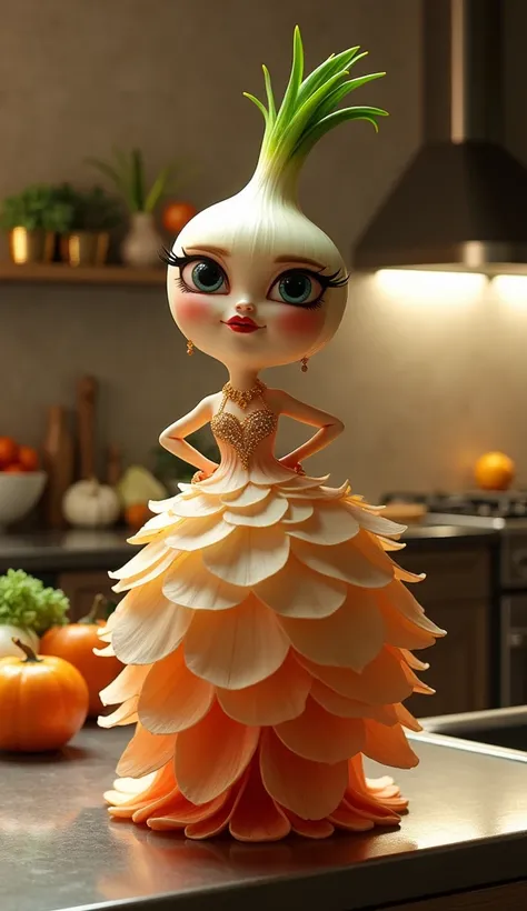 Sassy Onion Diva (Glamorous Style)
"A sassy anthropomorphic onion character with layers shaped like a flowing gown. The onion has a glamorous attitude, with pouty lips, big eyelash extensions, and sparkling accessories. It is posing dramatically on a shiny...