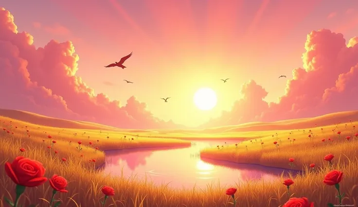 The most beautiful scenery, golden meadows with golden grass, sunset, sun flares, some birds flying on the horizon, pink clouds, vertical clouds, a little lake reflexing the pink sky, some red roses around, sun reflex, sun beams, lens flares