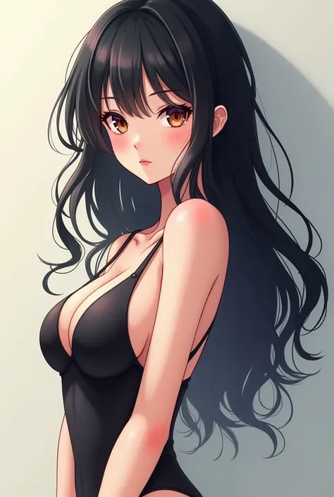 (Best quality,  ultra-realistic , Art board:1.2), Black hair,  beautiful woman ,  sensitive eyes ,  detailed lips , swimsuit, One image, Anime style