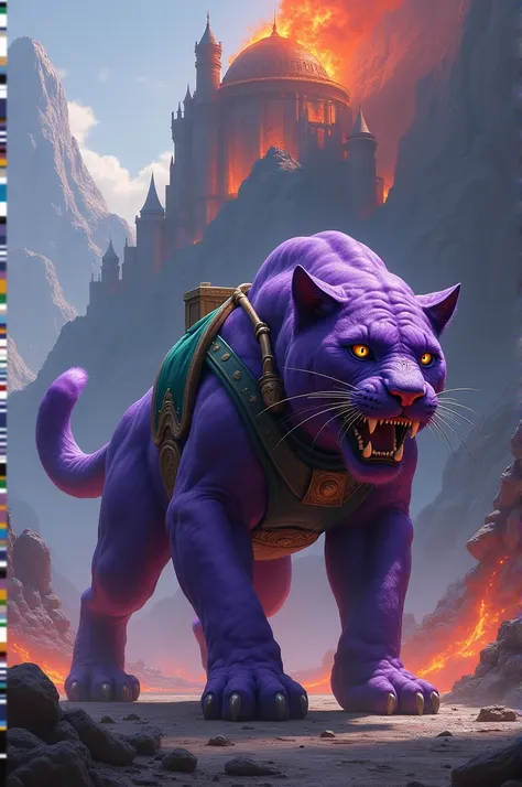  giant purple battle panther  / big claws/  with a green saddle to ride on the back  / attack feature  /  combat position/  at the foot of a dark mountain with an ancient stone castle with a stone serpent wrapped in the Castle spitting lava