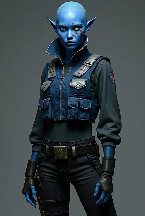  Create a Blue bald Eltariano character with light blue eyes 

Scar:  A cut that vertically crosses the left eye , with marks  de queimadura ao redor,  indicating that an energy weapon .
posture: always alert,  with a slight curve on the shoulders ,  as so...