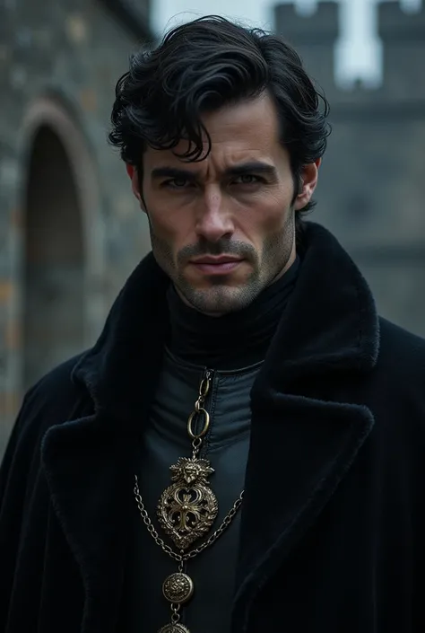 Realistic photograph of a handsome man, tall, with black hair, a ski build, strong, dark brown eyes, mischievous smile, wild and domineering eyes, dressed as a dark prince in a medieval castle in the middle of the night.