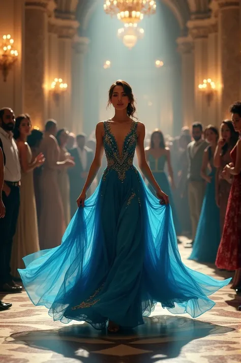 Generate a realistic image of a woman dancing in a beautiful long blue party dress in front of many people who are vertical and who are not Asian.