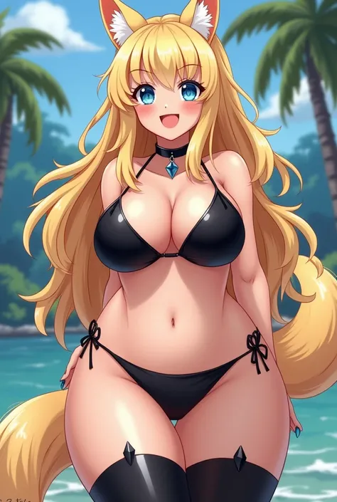 Anime Style,  Anime, kitsunes ears, kitsunes tails, kitsunes, long blonde hair,  blue eyes, sexy black bikini, black thigh high, big thick thighs and a fat ass, big titties, choker, chubby goth mommy kitsunes 
