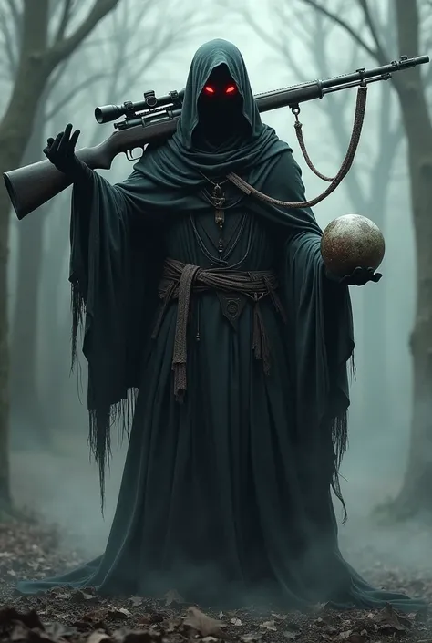 tenebrion, the spirit of darkness looking like a grim reaper, holds a Gewehr 98 rifle from ww1 with sniper scope, in his hand, resting it on his shoulder, and in his other hand, the universe ball. holding it like a king but mysteriously with red eyes