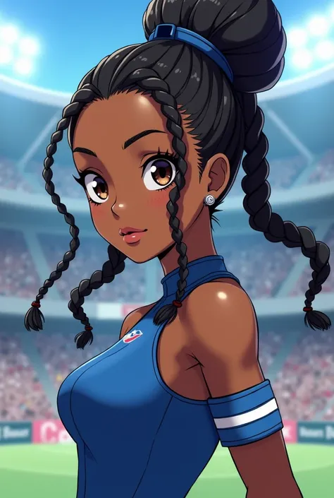 She has to have brown skin and look anime-style like blue lock and the braids must be African braids stuck together and she must have a captains band 