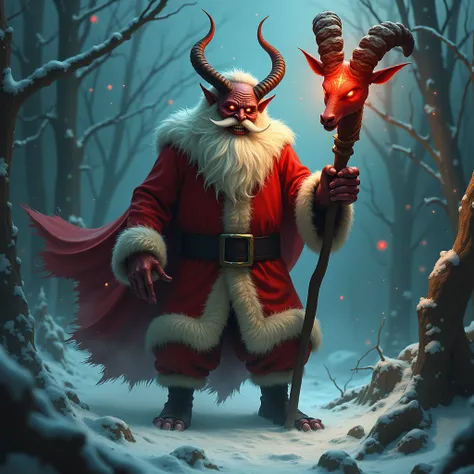 Generate an image of a demon dressed as Santa Claus and in his hand he has a goat-shaped staff