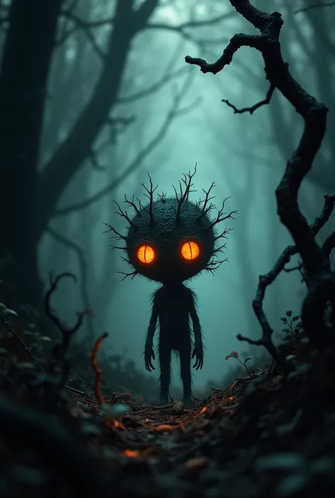 not that small black shadow twig blight with bright orange eyes in a dark forest