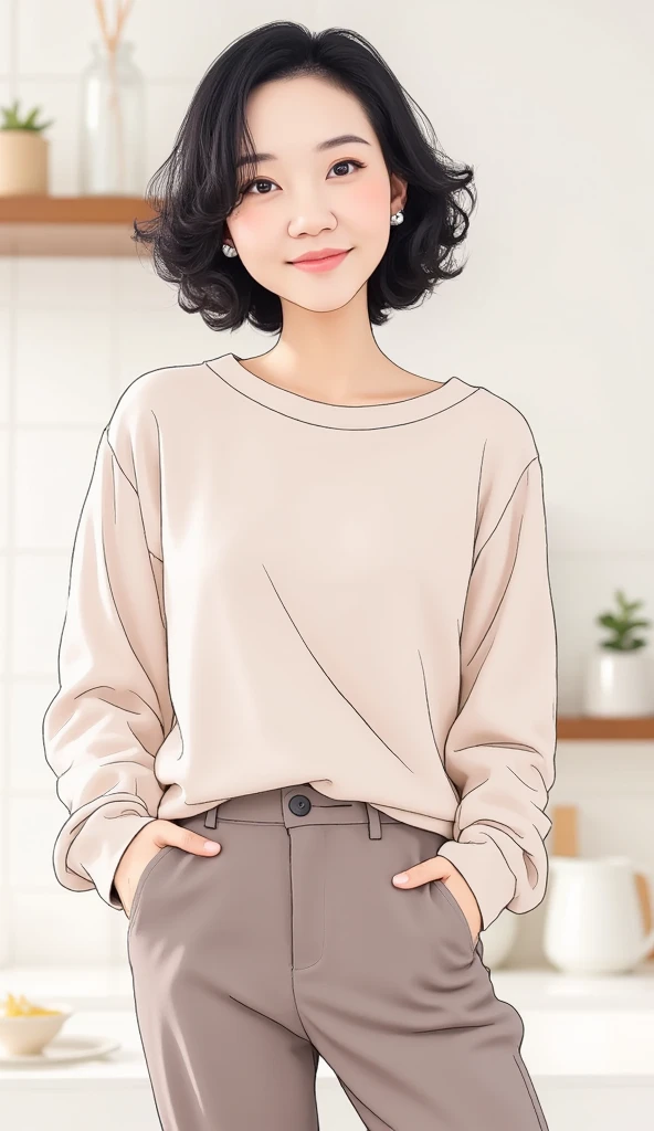 30s Lady casual Japanese beardless black hair illustration, girl,