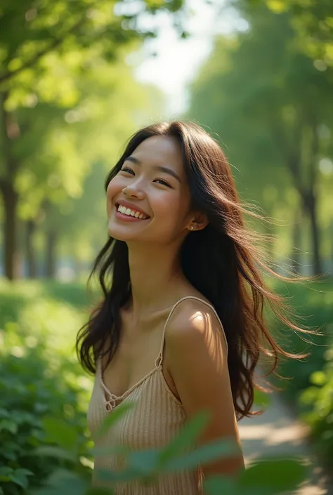 Generate a realistic image of a woman smiling at life walking around in a beautiful park that is vertical and not Asian.