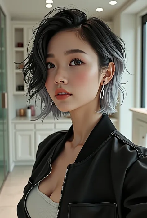 beautiful asian korean  woman with  short black and white  hair, slim and fit body, wearing a bomber   taking a selfie in a bathroom, photorealistic, highly detailed,

