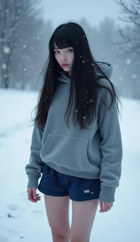   18 year old girl,   pale white skin  ,  long hair, smooth and black, thin French bangs  ,   thick legs  ,  wearing very short navy blue sports shorts without jacket without sweater in icy winter landscape snowing ultra high kinematic quality, hyperrealis...