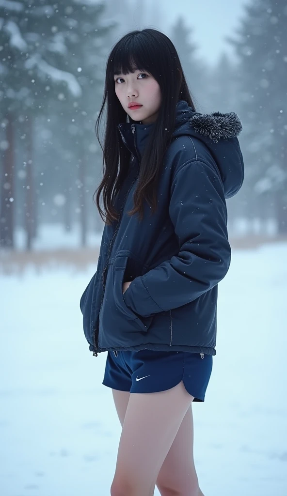   18 year old girl,   pale white skin  ,  long hair, smooth and black, thin French bangs  ,   thick legs  ,  wearing very short navy blue sports shorts without jacket without sweater in icy winter landscape snowing ultra high kinematic quality, hyperrealis...