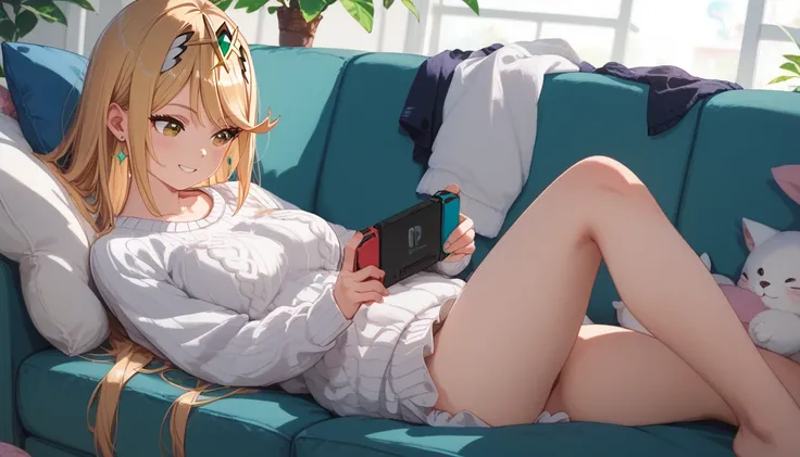 masterpiece, maximum quality, 4k, detailed, lying on sofa, long skirt and sweater, mythra, happy, holding nintendo switch, watching the console