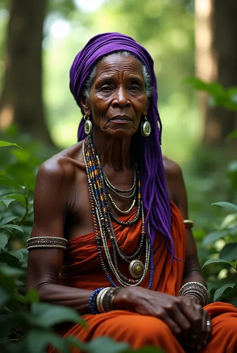 Old woman, AFRICANA, sitting in the forest, WITH LONG NECKLACES AROUND THE NECK ,  OF TURBAN AND CLOTHES IN THE COLOR PURPLE 