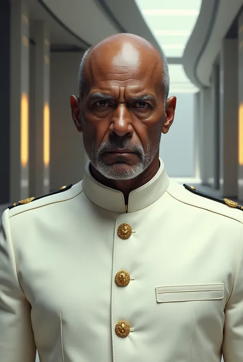 Create a realistic portrait of an elderly bald black dictator wearing a light white uniform with a gold brooch in a modern futuristic palace 