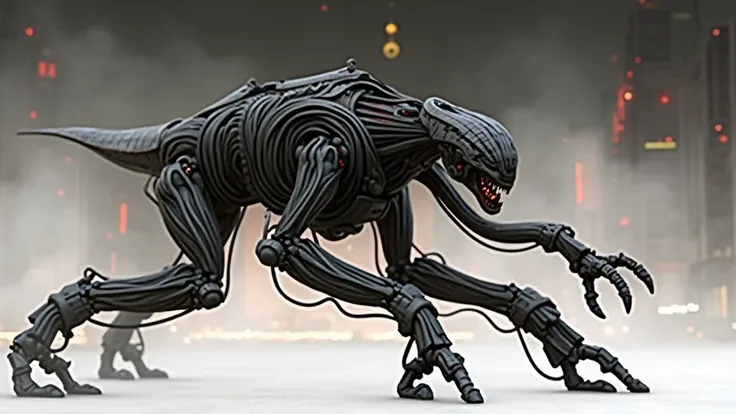 A quadruped creature made entirely of metal cables with a cyberpunk aesthetic 