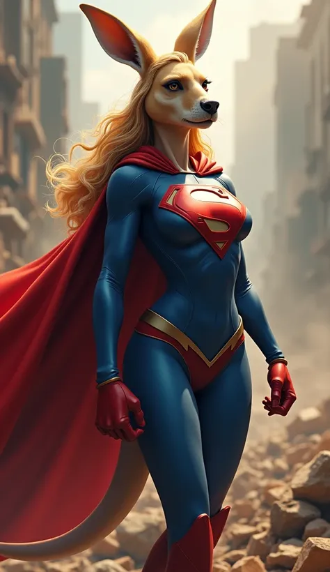 A powerful and heroic anthropomorphic Woman blond wavy hair, curvy hair big boobskangaroo superhero standing confidently amidst a battle-damaged environment. The kangaroo wears a sleek blue suit with a red cape flowing dramatically in the wind, showcasing ...