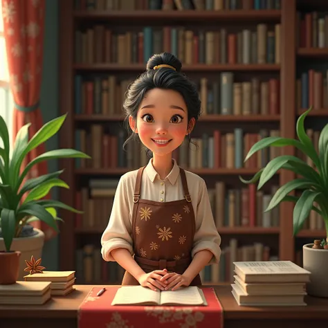 disney pixar style. woman, 40 years, bela, Oriental,  wearing an artisan apron,  surrounded by books and plants , Wishing you Merry Christmas  