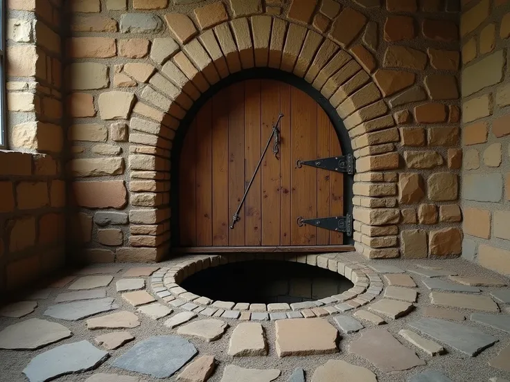  An improvised door capped with a wooden plate on the floor, Show an image without a person and show only the trapdoor on an earthen and stone floor in medieval style, This trap door is plugging the hole , I need this trapdoor to be improvised a bit poorly...