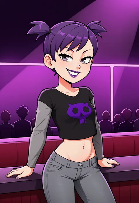 1girl, purple hair, short twintails, gray jeans, taut black t-shirt, long gray sleeves, midriff, belly, navel, purple lipstick, grin, nightclub