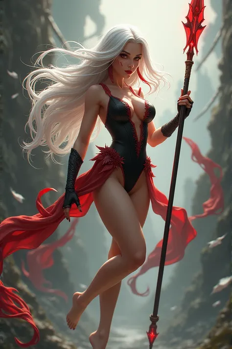 Make a female character , short and thin, sexual,  has long white hair with red tips , has a scar on his face, She has big breasts and butts ,  wears a very short black and red casual outfit ,  uses a different spear as a weapon and uses his psychic powers...