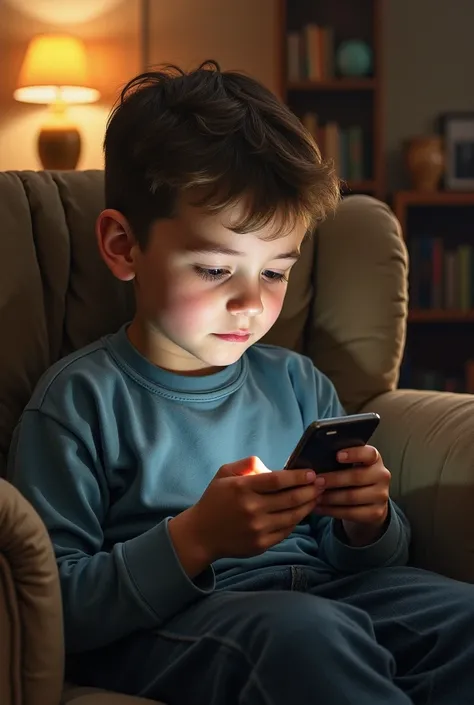 A better quality masterpiece of a boy playing on a cell phone at home. Oil painting 