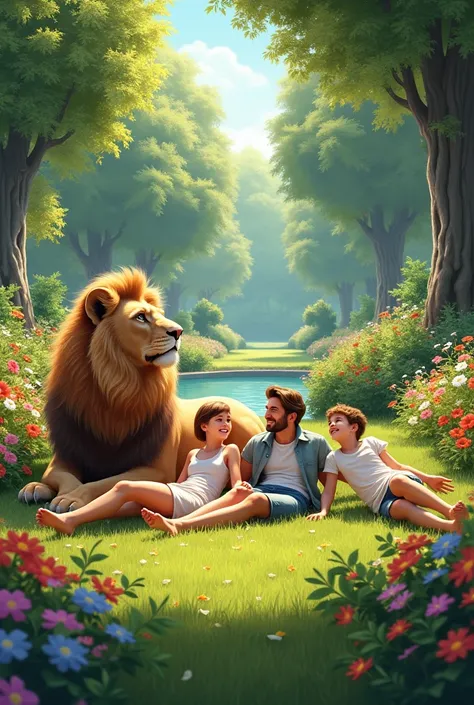 A beautiful flowery garden ,  with a family sitting on their backs a woman,  A man, two ren boy and one together with a lion  