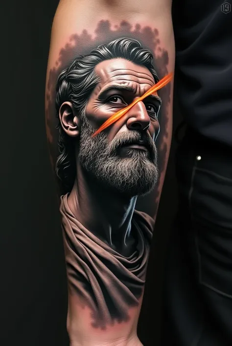 Create a realistic forearm tattoo in black and gray .  Create strong lines with lines and contours .  Create an ancient Greek man with devices such as lines of orange light crossing his face. Create man in a reflective state .
  Create in black and gray .
...