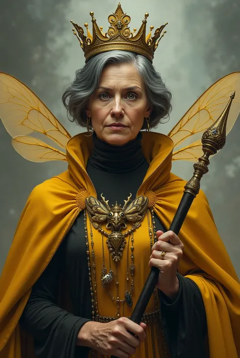 Draw a Bee FLYING her face of a 50-year-old short-haired woman with a Queens scepter in her hand and a Crown and in the other hand a JUDGEs hammer 