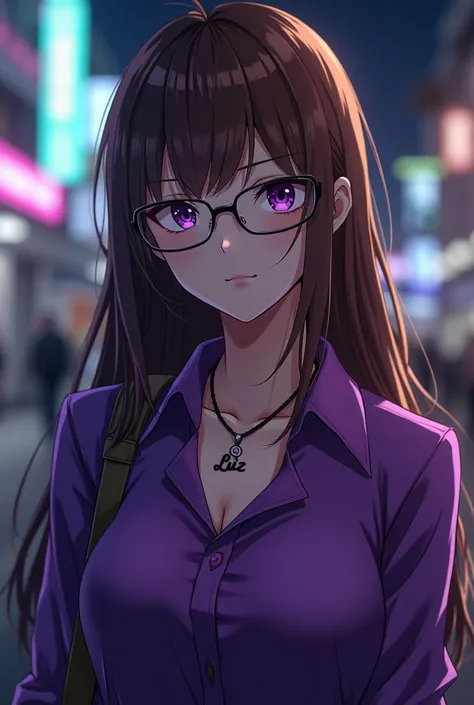  Use that same image and create female cosplayer Gojo Satoru; {Background: night}, white pele, realistic, HDR, beautiful,  full body, age 20,  necklace written  : “Luiz”  , eyes,  brown hair ,  long hair , Bright purple eyes , wear glasses, purple shirt