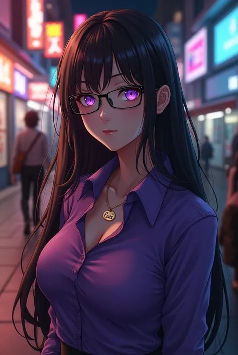  Use that same image and create female cosplayer Gojo Satoru; {Background: night}, white pele, realistic, HDR, beautiful,  full body, age 20,  necklace written  : “Luiz”  , eyes,  brown hair ,  long hair , Bright purple eyes , wear glasses, purple shirt