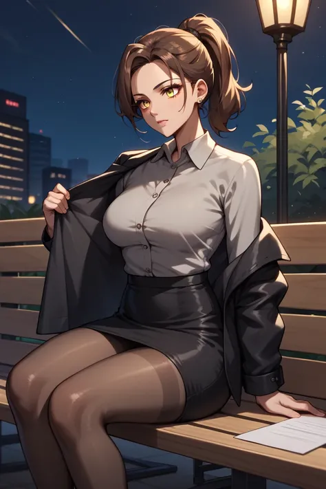  mature woman,  office clothes ,  pantyhose , jump, Brown hair tied in a ponytail,  sitting cross-legged ,  yellow-eyed, gray wool shirt  , black jacket, Black skirt, sitting on a bench in the square, at night,  Medium breasts