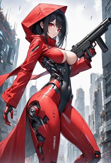  A super android with many cybernetical and mechanical parts female with long black hair very straight. cybernetics,  with robotics large breasts and hips ,  thin pointing a gun at the viewer of the image .  With a raincoat visible on the heights of a buil...