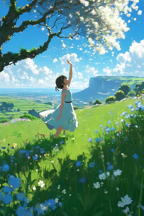 A girl dancing under a tree near a cliff in a flower field, a vast morning sky with fluffy clouds and brushstrokes, tall flowers and stones.
Makoto Shinkais anime style. Cyril Rowland, Animated Art Wallpaper 4K, Animated Backgrounds, Animated Art Wallpaper...