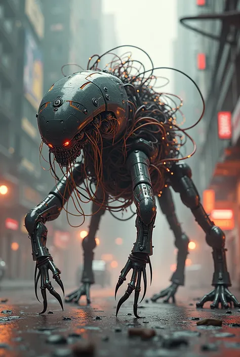 A quadruped creature made entirely of cables with a cyberpunk aesthetic 