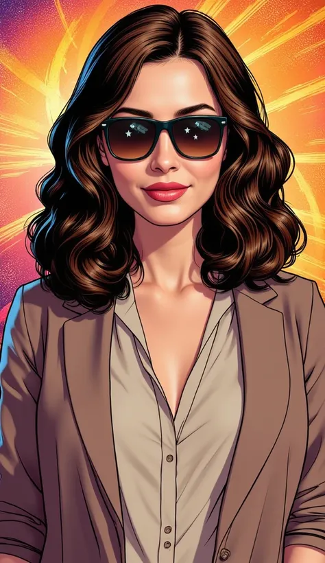 
A modelo está usando óculos de sol de vidro com estrelas e a"An adult American woman in a comic book style, with realistic and elegant features. She is dressed in discreet, casual attire, such as a neutral-colored blouse and simple cardigan, appropriate f...