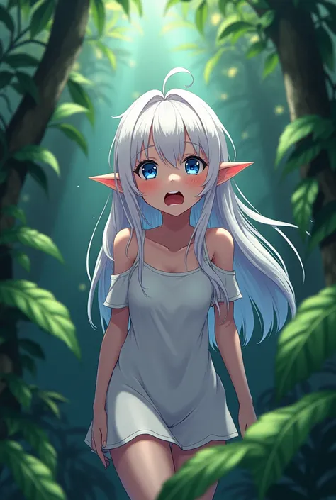  one girl, Breasts, long hair,  sharp ears , High resolution, white hair,  blue eyes , stunned,  heavy breathing , In the jungle, anime style, seems about to cry 