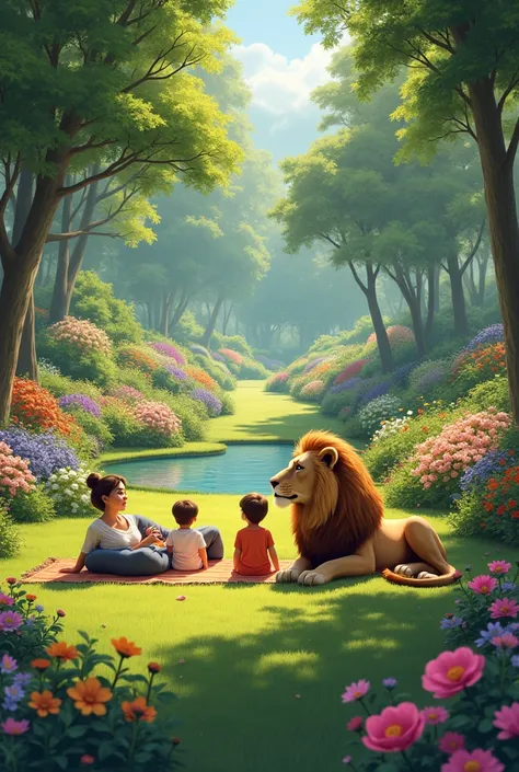 A beautiful flowery garden ,  with a family sitting on their backs a woman,  A man, two ren boy and one together with a lion  