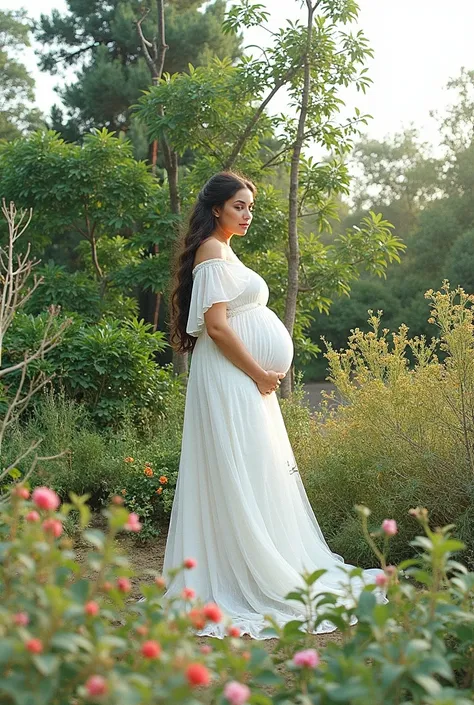 pregnant woman in white dress standing in a garden with trees and bushes, a picture inspired by Samuel Silva, pixabay, happening, pregnant belly, maternal photography 4 k, maternity feeling, pregnancy, pregnant, third trimester, tummy, candid photography, ...