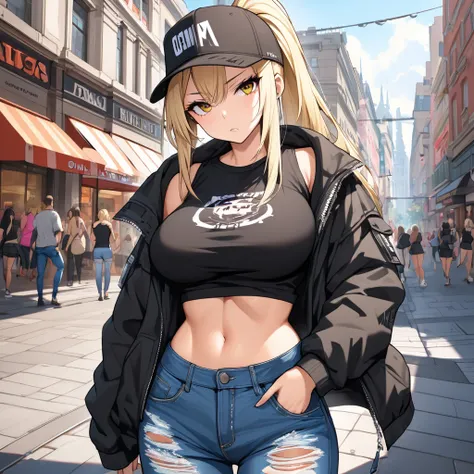 a hot girl in the city center , ripped t-shirts and jeans and a short and long blond ponytail , jacket with a cap, Big breasts ,Rebellious face