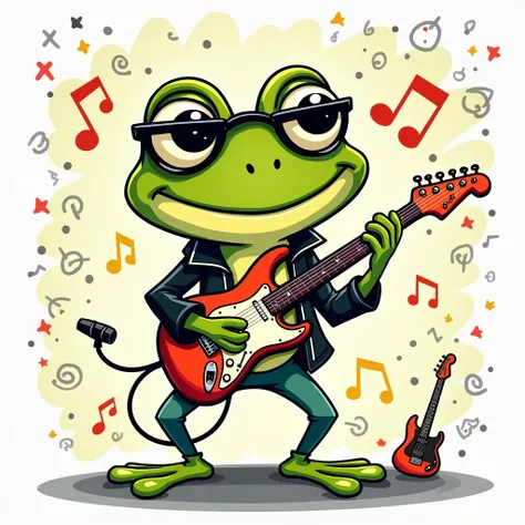 Cute little frog as rockstar, cartoon, doodle