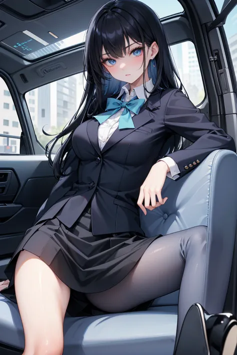 High school students ， already, Black Hair ， With warm blue eyes ， Wore a brand new blue suit and black heels ， Pure white collar and bright green bow 。 has long Black Hair and warm blue eyes ， Lean back in the car seat ， Pose Alluring , spread legs , lowe...