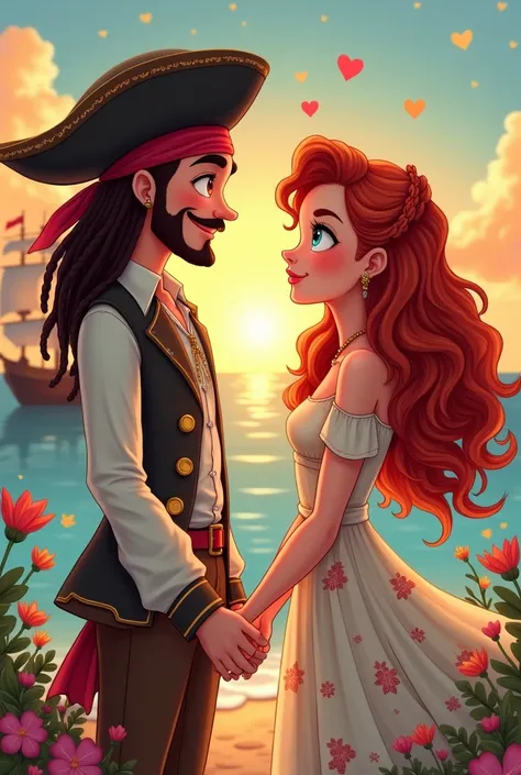  Heres a description Detailed romantic cartoon in cartoon style:

Characters
1 . * red-haired*:
 - Long Hair , curly and red.
 - Bright blue-green eyes .
- Light skin.
 - Sweet Smile .
 - Floral dress , light and air .

1. *PIRATE*:
 - Hair in brown dreadl...