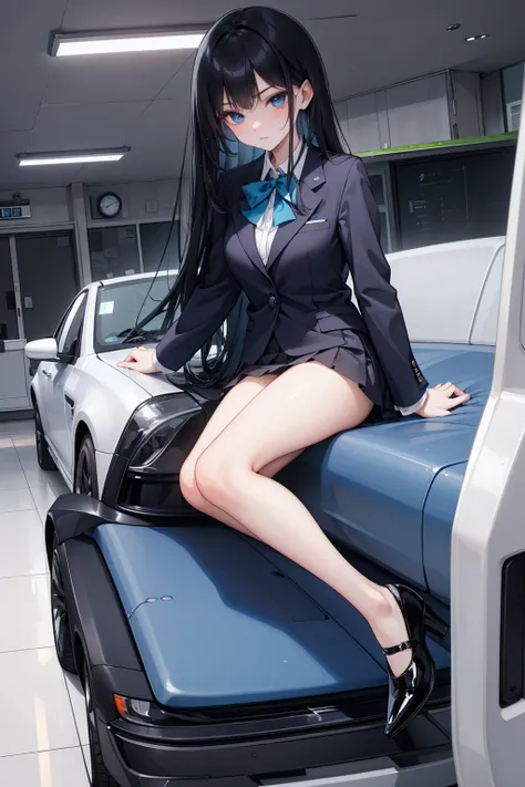 High school students ， already, Black Hair ， With warm blue eyes ， Wore a brand new blue suit and black heels ， Pure white collar and bright green bow 。 has long Black Hair and warm blue eyes ， Lean back in the car seat ， Pose Alluring , spread legs , lowe...