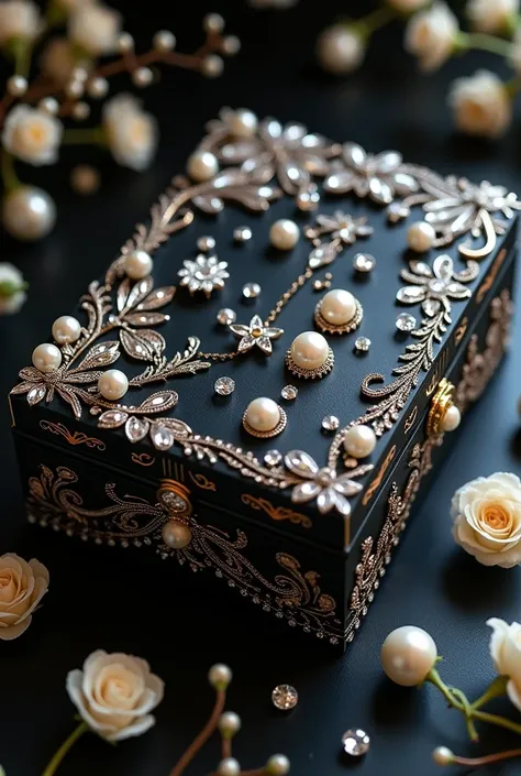 Large MDF jewelry box painted black and decorated with white pearls and rhinestones and mini white roses 