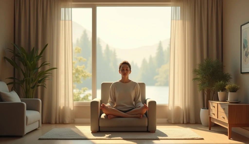 A person sitting cross-legged on a comfortable chair in a peaceful room, eyes closed and surrounded by soft light, symbolizing a moment of mental restoration. The atmosphere is calm, with minimal furniture and a window revealing a tranquil natural scene, r...