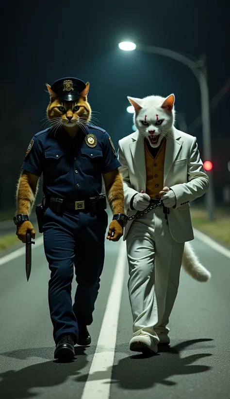 A muscular humanoid police officer cat, wearing a detailed police uniform, has placed handcuffs on a terrifying humanoid joker cat and is escorting it along a dark road. The joker cat, dressed in a white clown suit, is visibly restrained, holding a knife w...