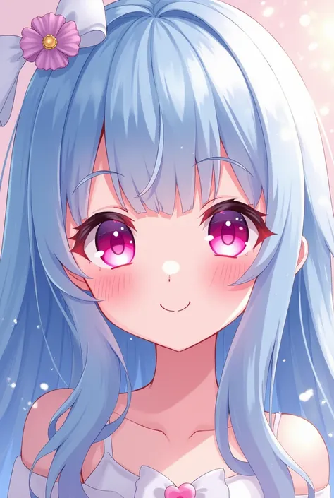 Create a girl with light blue hair ,  dark pink eyes and pink pupils,  long hair , Limpio y ordenado.  the girl wears a smile on her face .  anime kawaii 