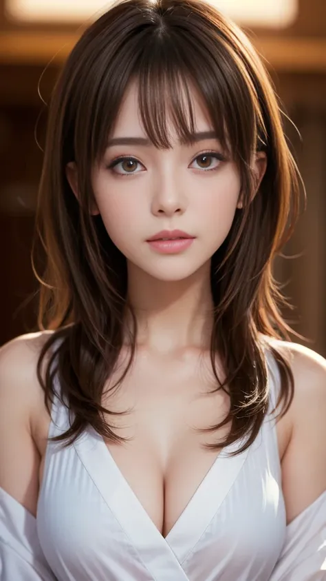  Ultra HD, high quality, Top quality,  super detailed, Realism, 8K,  original photo,  top quality, masterpiece, Charming girl , Stunning girl,  brown hair ,  Shoulder Length Layered,  asymmetric bangs , Japanese Idol,  exquisite, Stylish,  womens shirt,